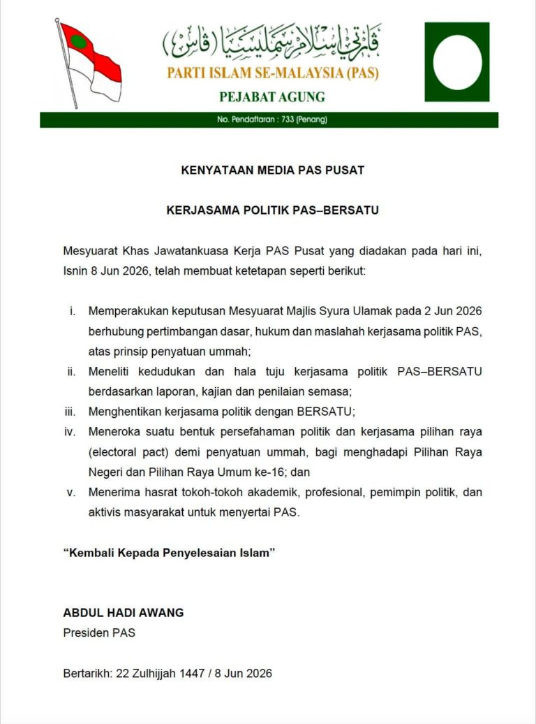 PAS Hentikan Kerjasama Dengan Bersatu