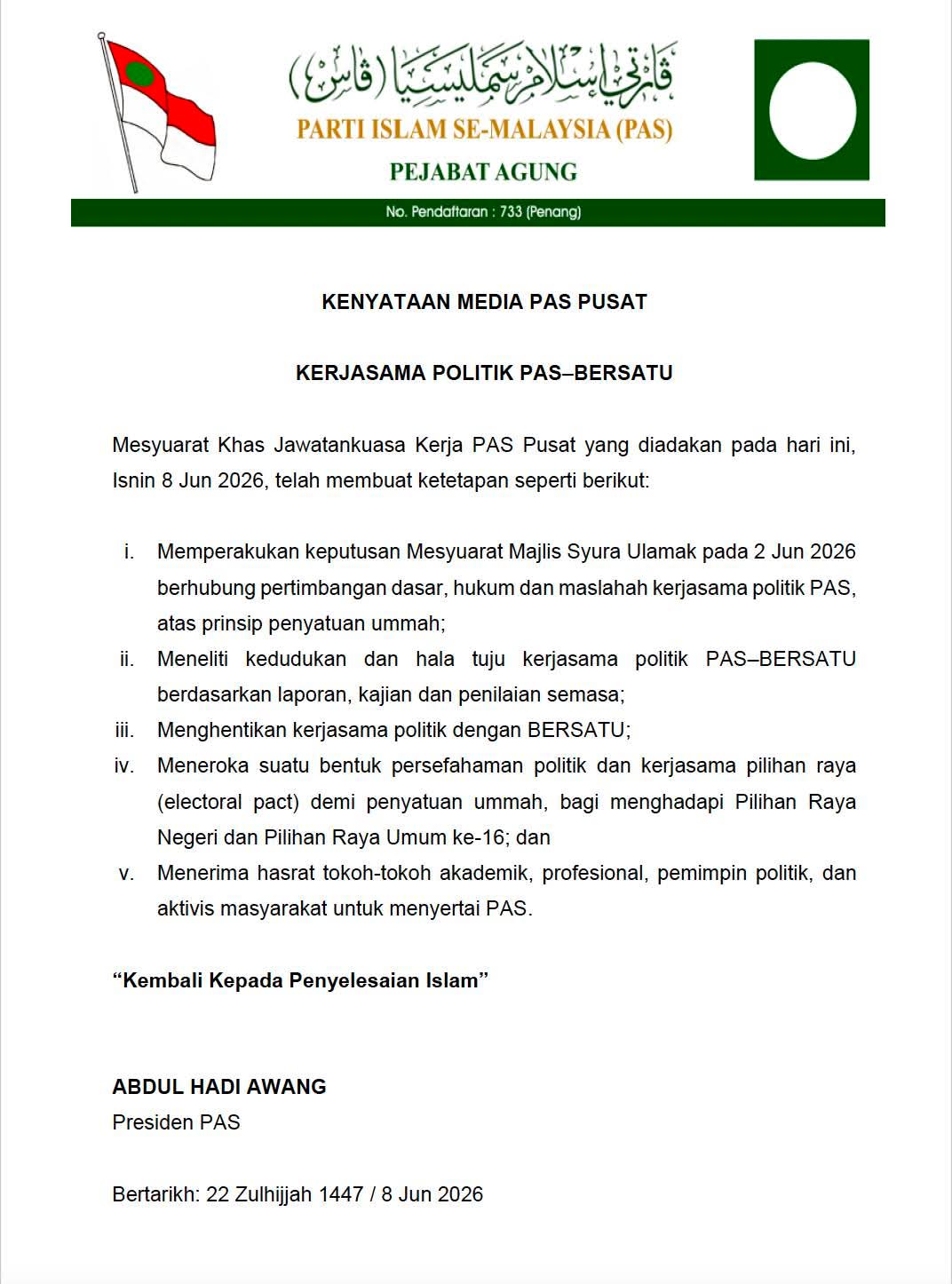 PAS Hentikan Kerjasama Dengan Bersatu